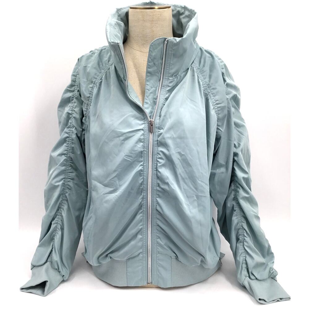 Athleta Jetset Bomber Jacket Women L Blue Hooded Ruched Lightweight